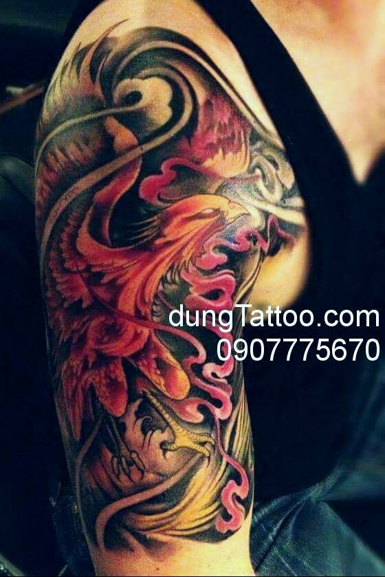 Hình xăm phượng hoàng bắp vai tay Chính dũng tattoo xăm tuần trước 0907775670