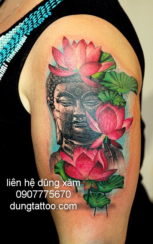 Hình xăm phật và hoa sen liên hệ dũng tattoo 0907775670